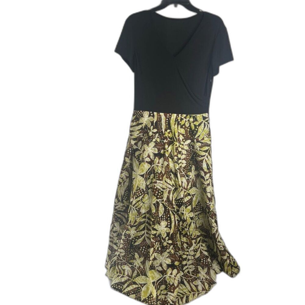 Tropical Maxi Dress Fit & Flare Black Vneck Top 100% Cotton Size LG